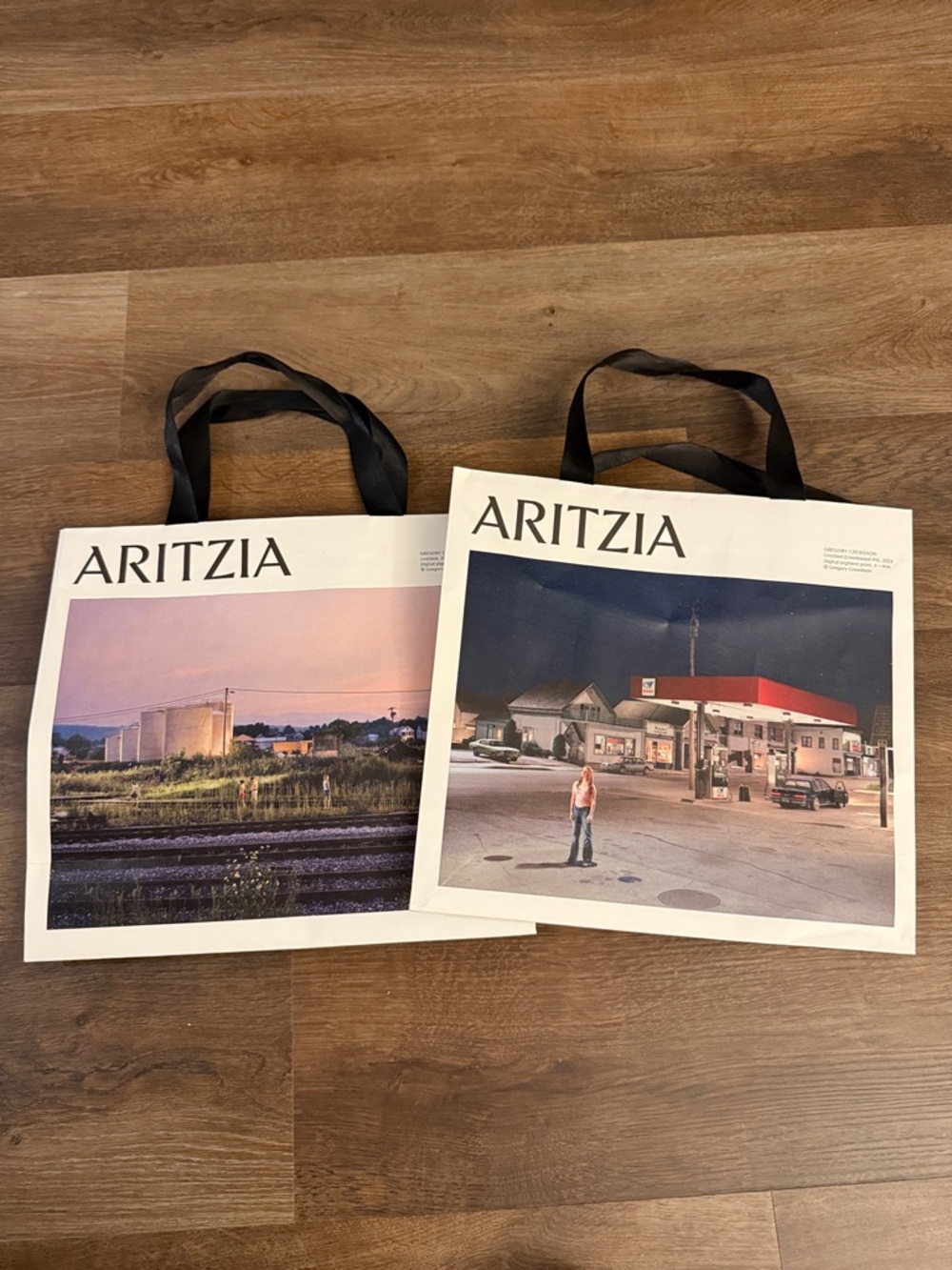 Aritzia White Paper Shopping Bags with Photographic Print and Black Handles